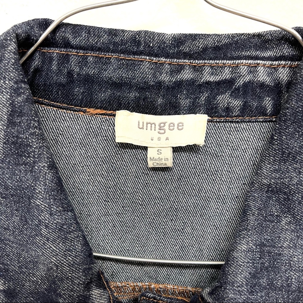 Umgee Denim Plaid Green Blue .Ruffle Hem Cropped Raw Hem Denim Jacket Small - Picture 7 of 7
